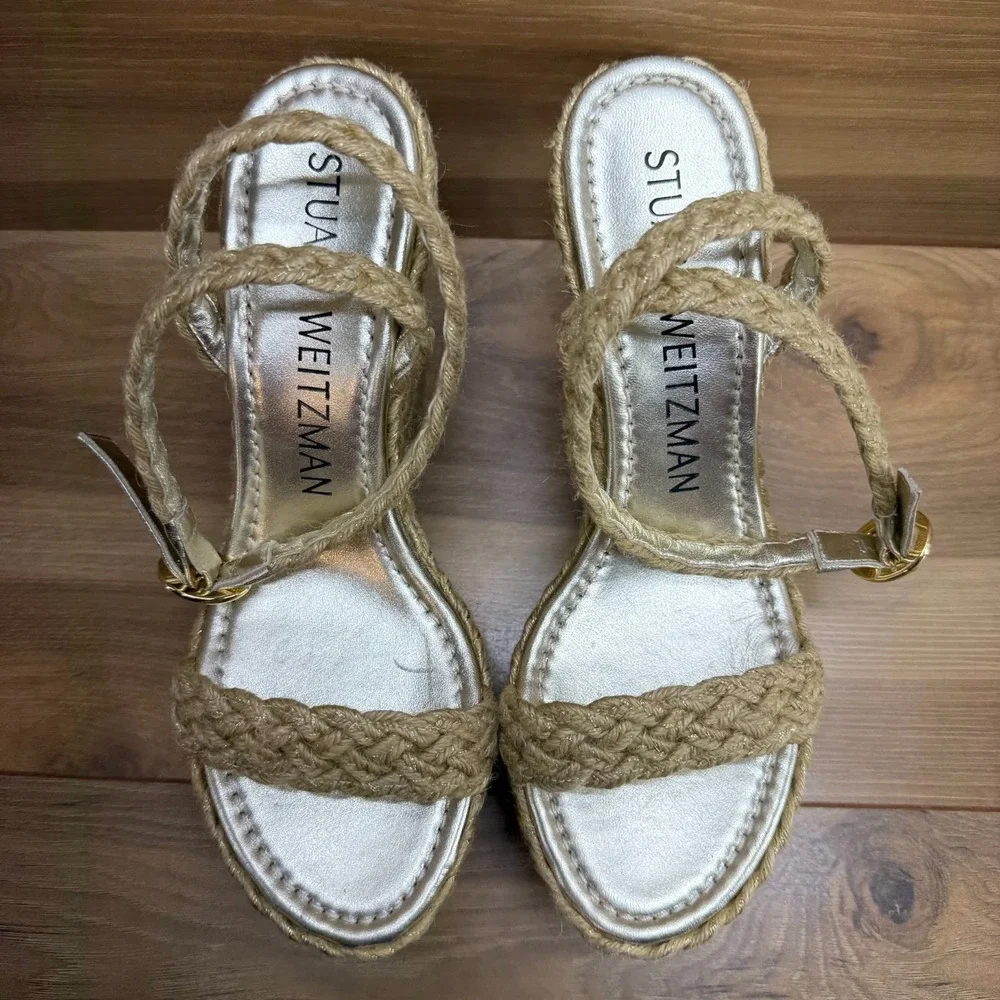 Stuart Weitzman Braida Wedge Heels 7 B Natural Jute Ankle Strap Platform - Picture 4 of 10